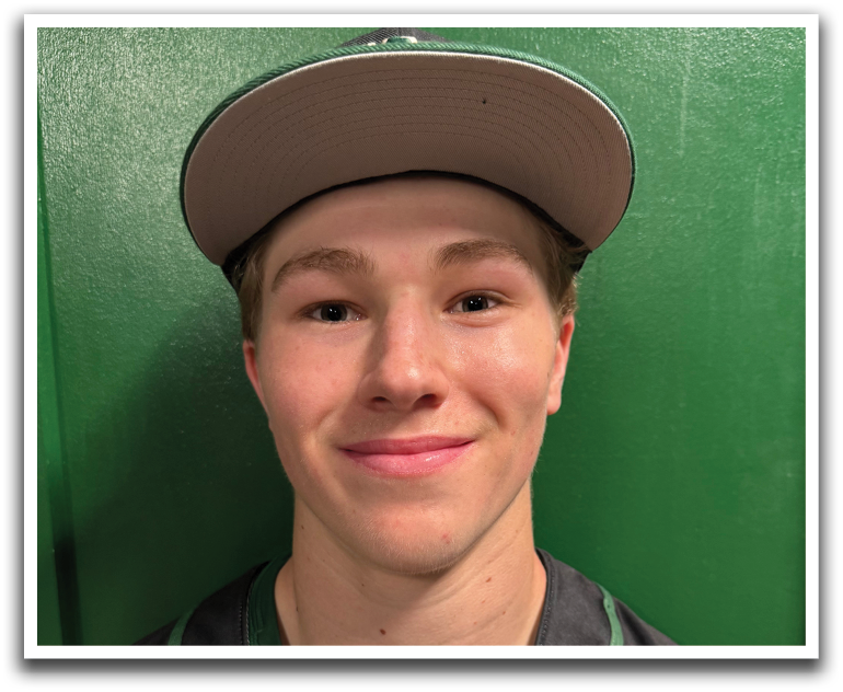A young man wearing a baseball uniform and a green hat. AI generated content
