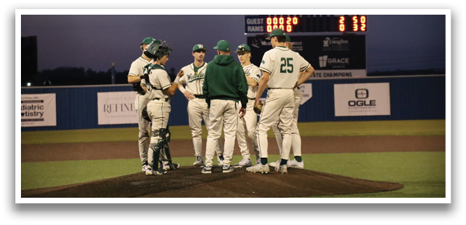 Baseball players wearing green and white uniforms are gathered on the field. AI generated content