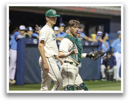 Two baseball players on the field, one wearing a green shirt and the other wearing a white shirt. The players are standing next to each other, with one player holding a baseball glove. AI generated content