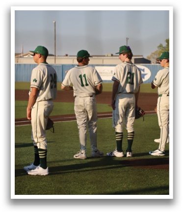 Four baseball players wearing white uniforms and green caps are standing on a field. AI generated content