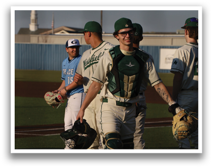 Three baseball players are standing on a field, wearing their uniforms. One player is holding a baseball glove. AI generated content