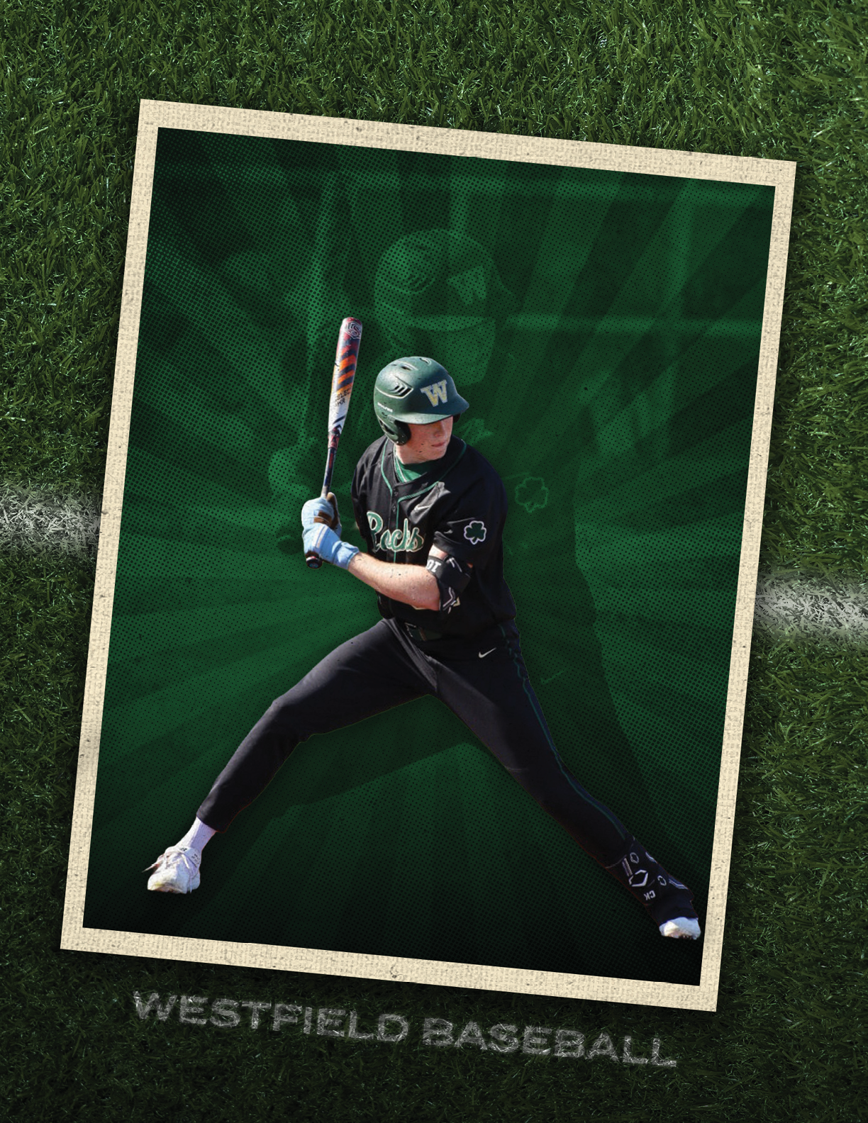 A baseball player in a black shirt and green helmet is holding a bat and getting ready to swing. AI generated content