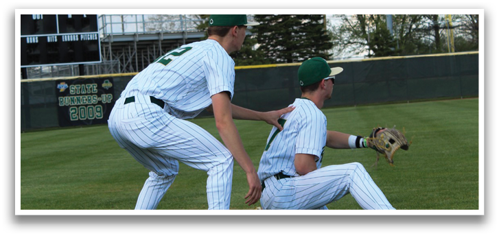Two baseball players on a field, one kneeling and the other crouching. AI generated content