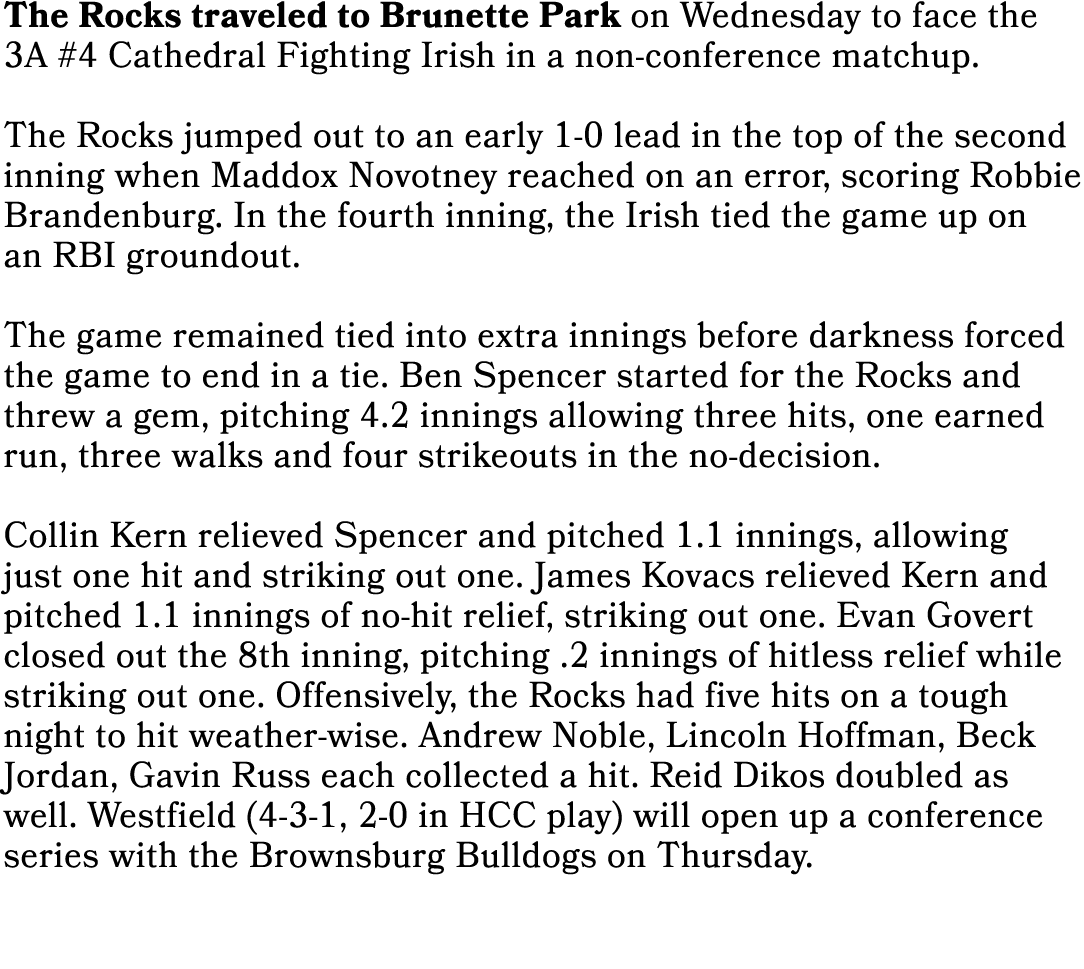 The Rocks traveled to Brunette Park on Wednesday to face the 3A #4 Cathedral Fighting Irish in a non-conference match...