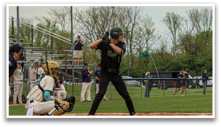 A baseball player is at bat, holding a bat and preparing to swing. AI generated content