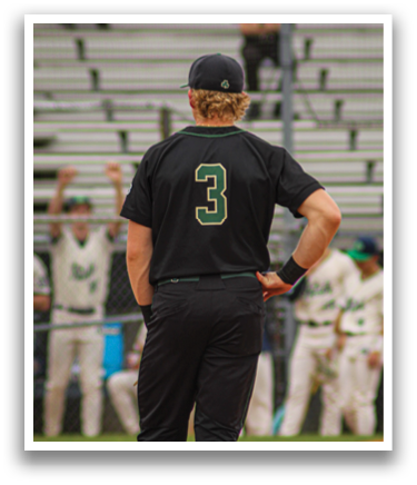A baseball player wearing a black jersey with the number 3 on it stands on the field. AI generated content