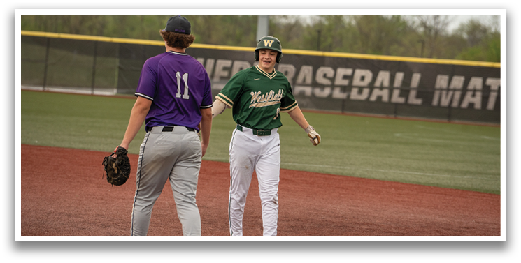 Two baseball players on a field, one wearing a green shirt and the other wearing a purple shirt. AI generated content