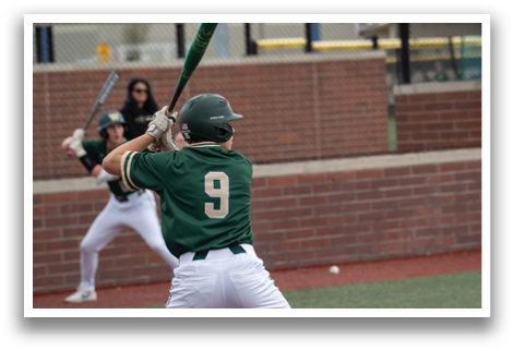 A baseball player in a green and white uniform is swinging a bat at a ball. AI generated content
