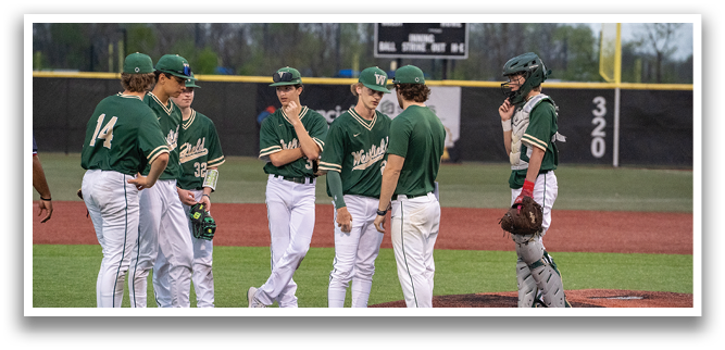 A group of baseball players wearing green and white uniforms are standing on the field. AI generated content