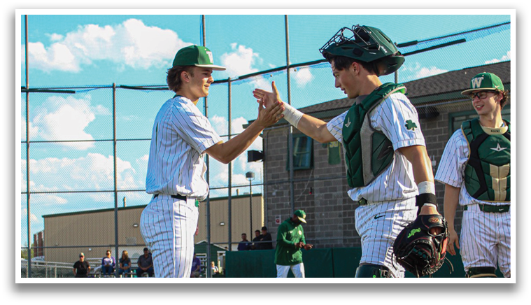 Two baseball players shake hands on the field. AI generated content