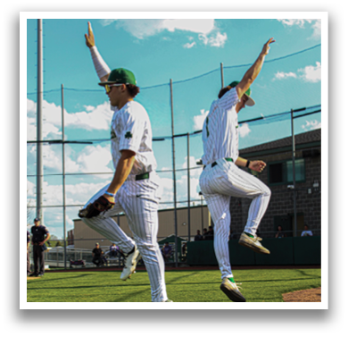 Two baseball players jumping in the air on the field. AI generated content