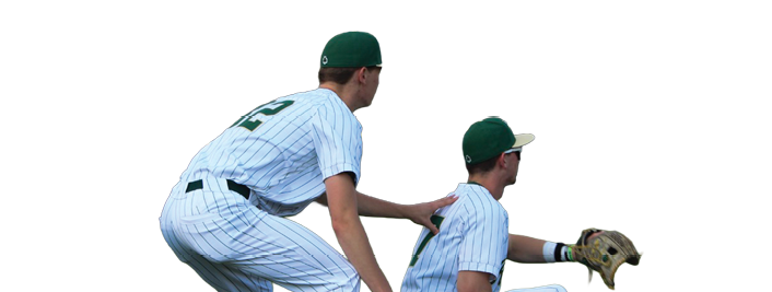 Two baseball players are on the field, one kneeling and the other standing. AI generated content