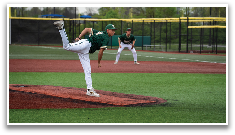 A baseball player in a green and white uniform is pitching a ball on a field. AI generated content