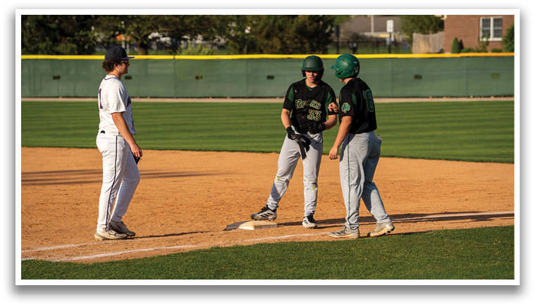 Three baseball players on a field, one of them bending over to pick up a base. AI generated content