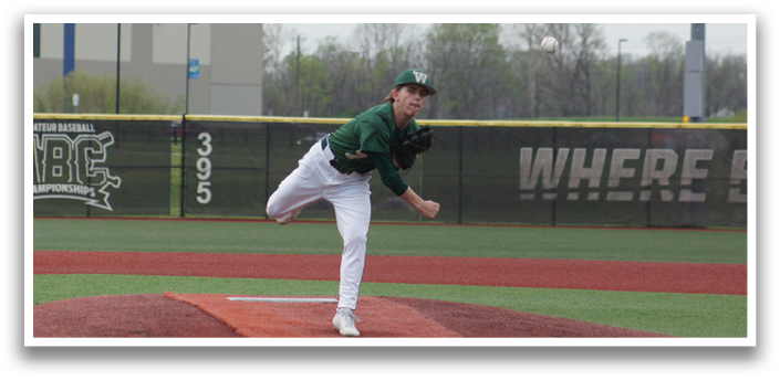 A baseball player in a green and white uniform is pitching a ball on a field. AI generated content