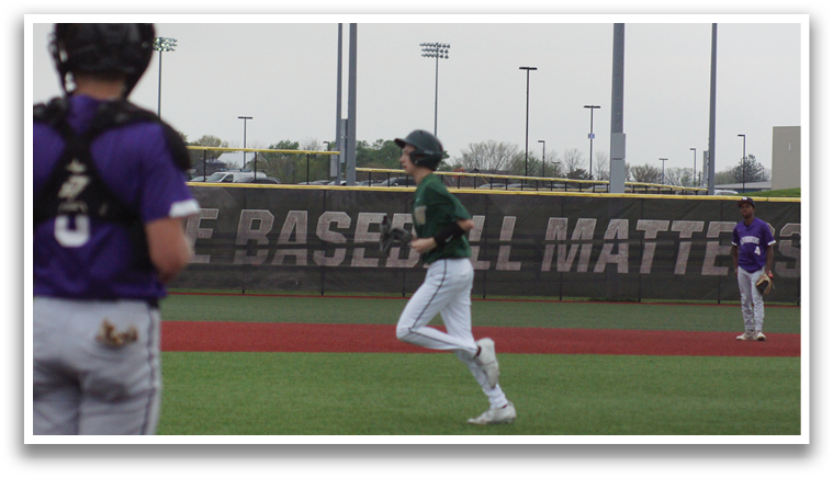 A baseball player in a green shirt and white pants is running on the field. AI generated content