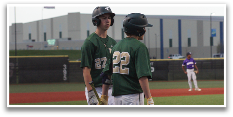 Two baseball players wearing green and white uniforms stand on the field, holding their bats. AI generated content
