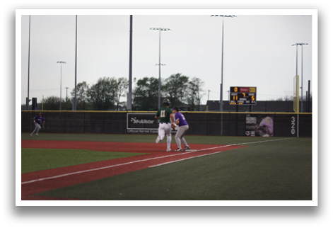 A baseball game is in progress with a player running to a base. AI generated content