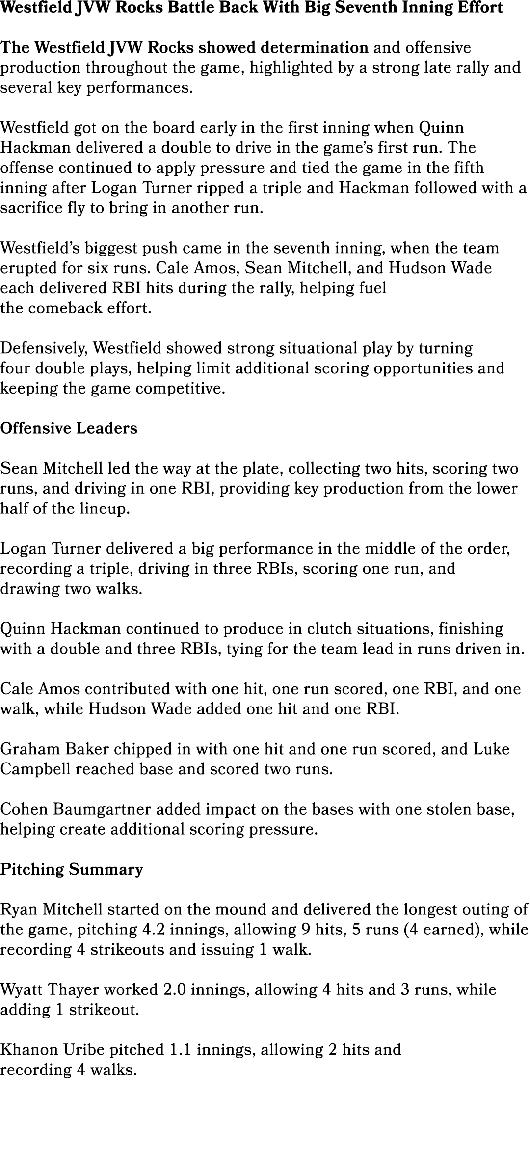 Westfield JVW Rocks Battle Back With Big Seventh Inning Effort The Westfield JVW Rocks showed determination and offen...