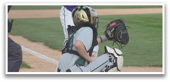 A baseball catcher is in position, wearing a green helmet and white uniform. AI generated content