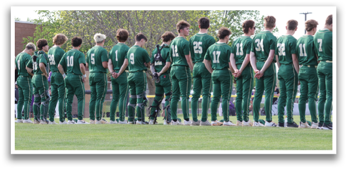 A group of baseball players in green uniforms are standing on a field. AI generated content