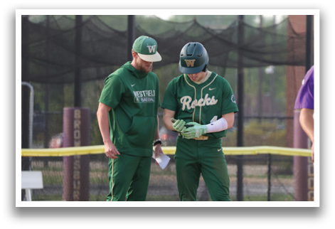 Two men in green and white uniforms are talking to each other. One of them is holding a baseball glove. AI generated content