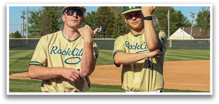 Two men wearing baseball uniforms pose for a picture on a field. AI generated content