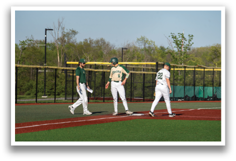 Three baseball players are standing on a field, with one of them holding a bat. AI generated content