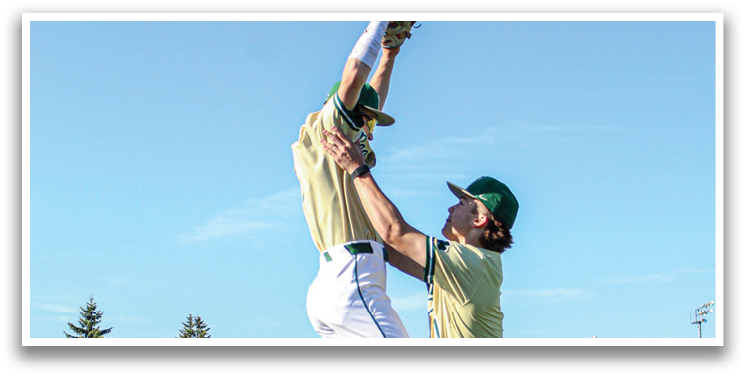 Two baseball players jumping in the air to catch a ball. AI generated content