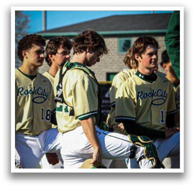 Baseball players from Rock City pose for a picture on the field. AI generated content