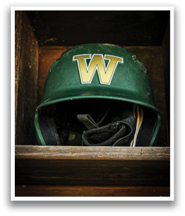 A green baseball helmet with the letters W and D on it. AI generated content
