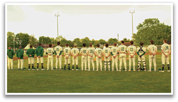 A baseball team is standing on the field, wearing green and white uniforms. AI generated content