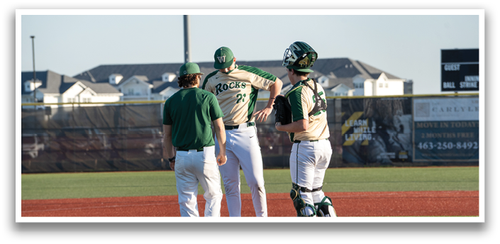 Three baseball players on a field, two of them wearing green and white uniforms, talking to each other. AI generated content