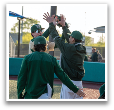 Three baseball players are high-fiving each other on the field. AI generated content