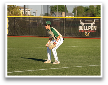 A baseball player is standing on a field, wearing a green and white uniform and holding a baseball mitt. AI generated content