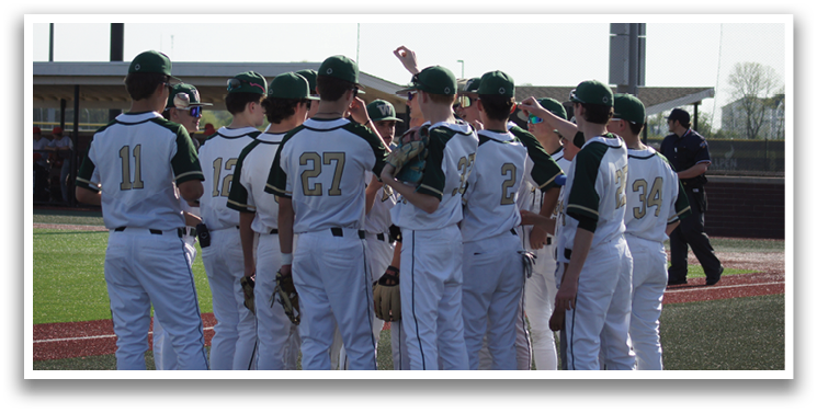 A group of baseball players wearing green and white uniforms stand together on a field. AI generated content