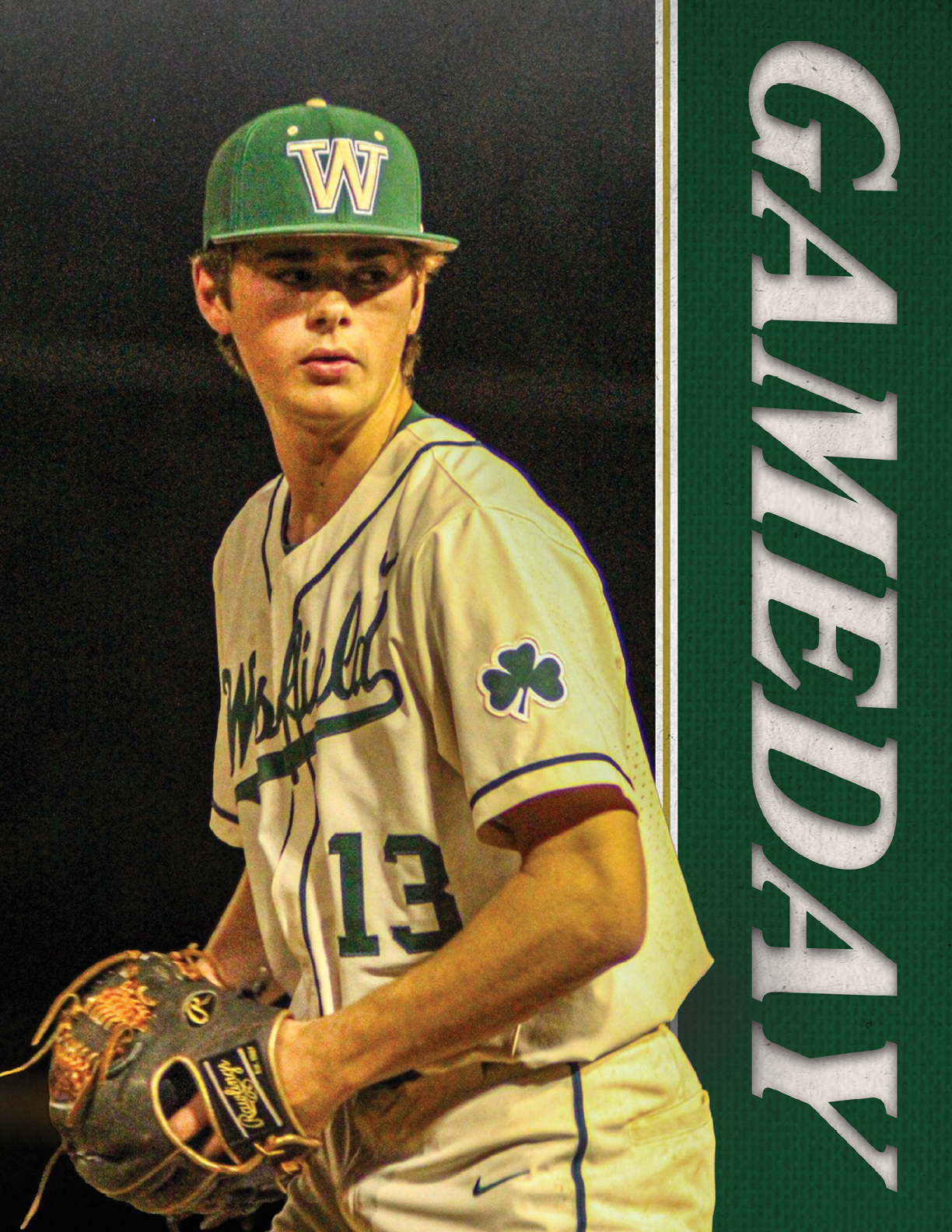 A baseball player wearing a green and white uniform stands on the field, holding a baseball glove. AI generated content