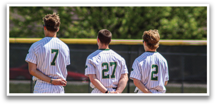 Three baseball players wearing white uniforms and green numbers stand on a field. AI generated content