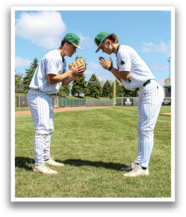 Two baseball players are standing on a field, one holding a baseball glove and the other holding a baseball. AI generated content