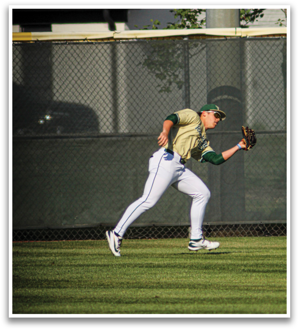 A baseball player in a green and gold uniform is running on the field, holding a baseball glove. AI generated content