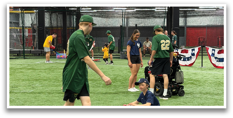 A group of people are playing baseball in a gym. AI generated content