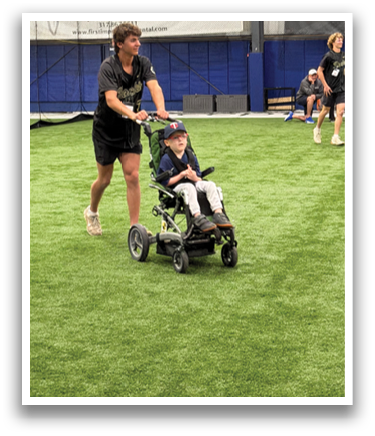 A man is pushing a wheelchair with a person in it. AI generated content