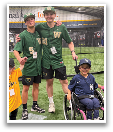 A man in a wheelchair is standing next to two men in baseball uniforms. AI generated content