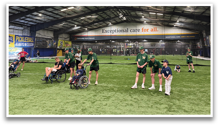 A group of people with disabilities are playing baseball in a large indoor stadium. AI generated content