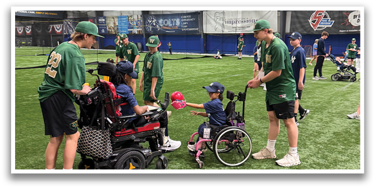 A group of people are gathered in a field, some of them are in wheelchairs. AI generated content