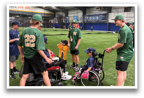 A group of people, including children, are gathered on a field. Some of them are in wheelchairs, while others are standing. They are engaged in conversation and enjoying each other's company. AI generated content