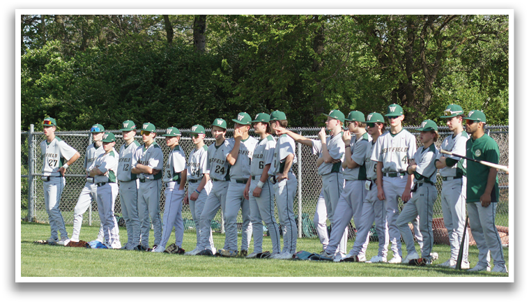 A group of baseball players wearing green and white uniforms are standing on a grassy field. AI generated content