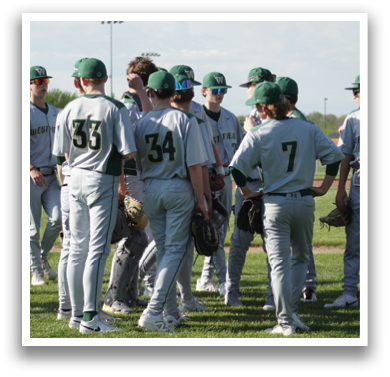 A group of baseball players wearing green and white uniforms are standing on a grass field. AI generated content