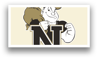 A logo for a college team with a man wearing a black hat and a bag of money. Description generated by AI