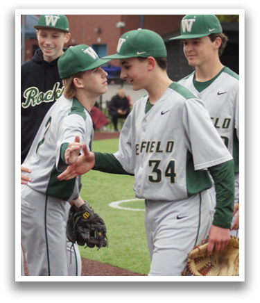 Baseball players shaking hands. Description generated by AI